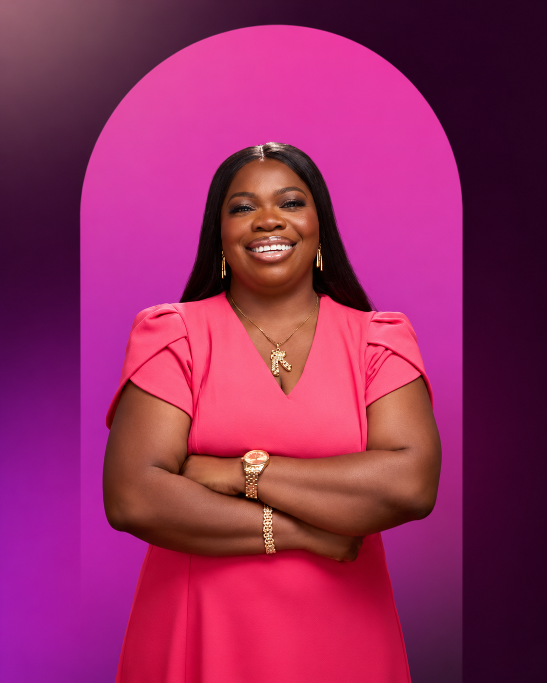 Isoken Betty Obaseki, President and Founder of LAOF Global, smiling in a pink dress