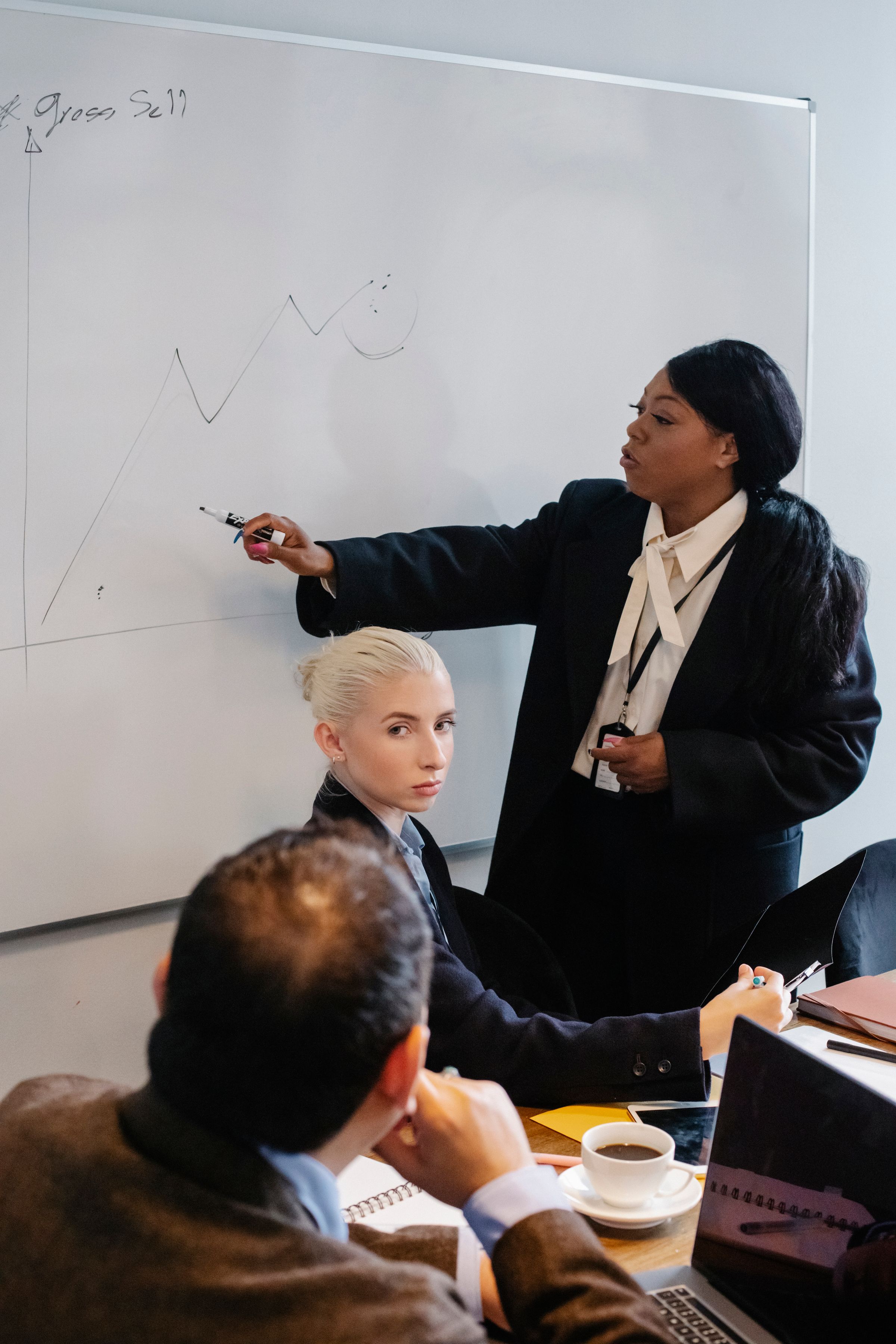 Illustrative photo: A businesswoman presenting information to her colleagues