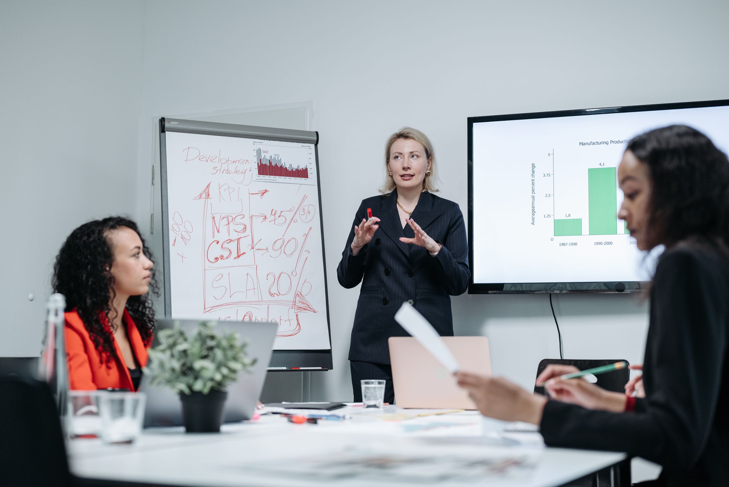 Illustrative photo: A woman presenting charts to her colleagues